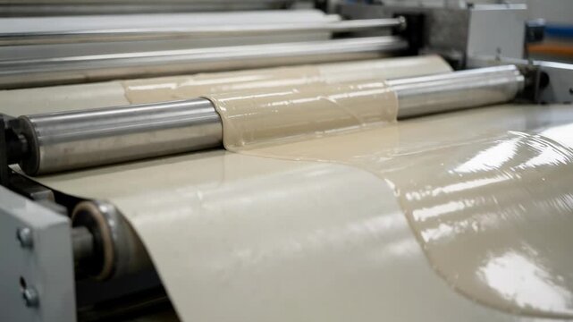 Medium shot capturing a rod coater precisely spreading an aqueous barrier emphasizing controlled application to boost protective qualities against grease and moisture.