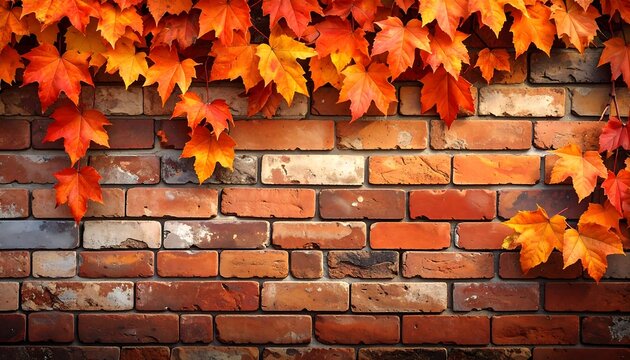 Warm brick wall with autumn leaves in shades of orange, yellow, and red hanging overhead forming a natural border