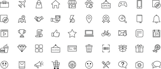 Fototapeta premium User Interface Line Icons Set – Mobile App, Navigation, Shopping, Media, UI Elements and Web Interface Outline Icons