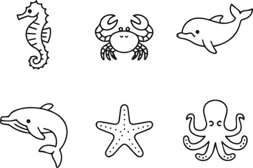 Fototapeta premium Sea Animals Set in Line Art Style, Marine Life Outline Illustrations with Fish, Whale, Dolphin, Turtle and Ocean Creatures Collection