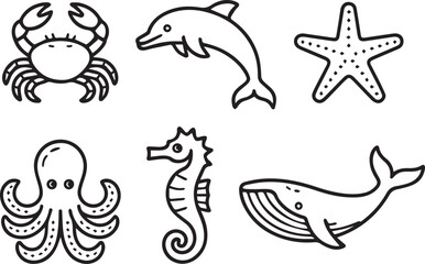 Sea Animals Set in Line Art Style, Marine Life Outline Illustrations with Fish, Whale, Dolphin, Turtle and Ocean Creatures Collection