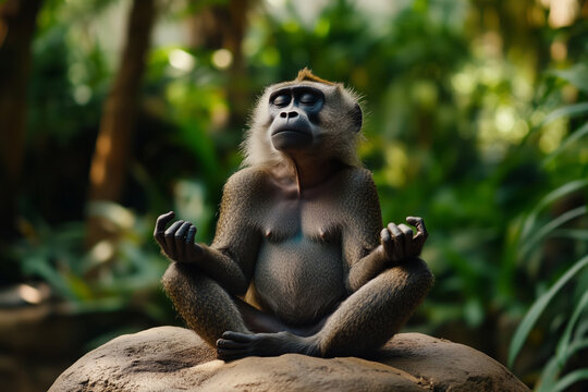 A monkey meditates peacefully on a rock amidst lush green foliage.