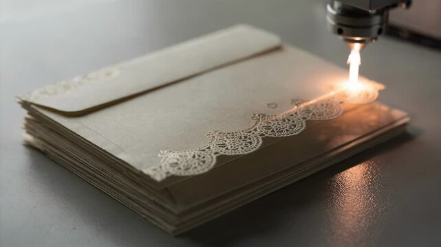 Medium shot capturing an innovative laser system etching lace patterns along the envelope edges showcasing detailed artistry and elegant design.