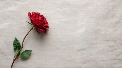 Single Red Rose on Textured Fabric Background