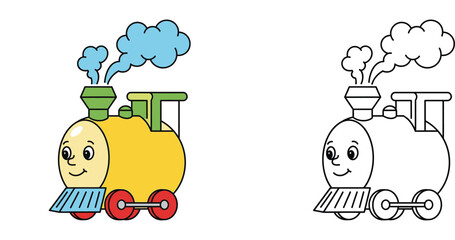 Fototapeta premium Cartoon Steam Train Easter Egg Character with Funnel and Smoke Vector Illustration Set - Colored and Line Art Versions for Kids Coloring Activity and Transport Theme Design