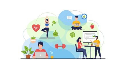 Fototapeta premium Modern Work-Life Balance: Remote Work, Wellness, and Productivity Concept Vector Illustration