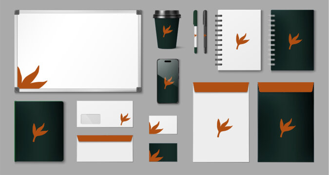 Set of business brand identity mockups isolated on background. Vector realistic illustration of office stationery templates, corporate presentation materials, envelopes, notebooks, folders and cup