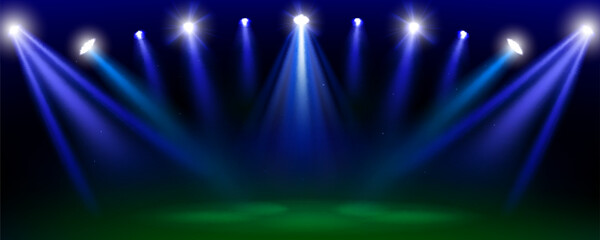 Bright stadium soccer field with blue lights on dark night sky background and stars, realistic vector bg. Illuminated sport arena, dramatic atmosphere banner with powerful beams for football games © klyaksun