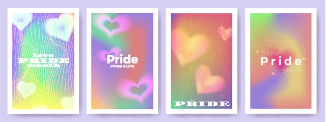 Pride rainbow colors posters, vector illustrations. Card with iridescent gradient background, abstract wireframe pattern and blured heart shapes. LGBTQ month templates for happy inclusive design