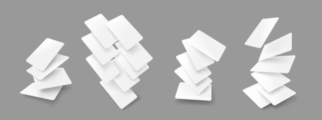 Fototapeta na wymiar Blank flying poker card mockup with white deck elements, realistic vector set isolated on grey background. 3D template with falling cards for game presentation, business voucher design, or casino