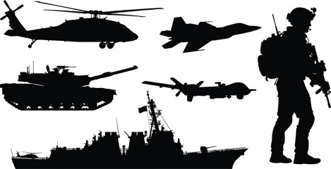 Obraz premium Military silhouette illustration featuring soldier, helicopter, jet, tank, and warship