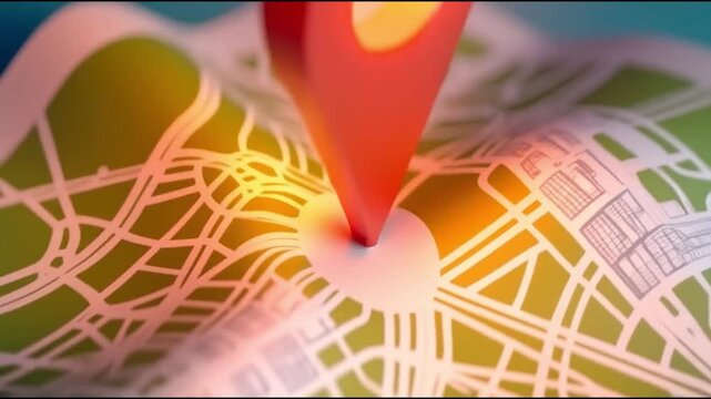 digital map with a large red location pin highlighting a marked spot on interconnected roads.