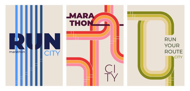 Marathon poster set, vector backgrounds. Sport banners collection with abstract running tracks, color lines with dynamic speed effect, race events design, competition layout template, invitation cards