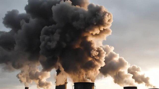 Industrial Smokestacks Emitting Thick Smoke Against a Cloudy Sky.
