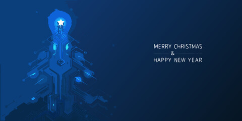 A futuristic blue christmas tree with holiday greetings and glowing lights © Debashis