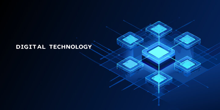 Abstract digital technology background with glowing isometric cube network