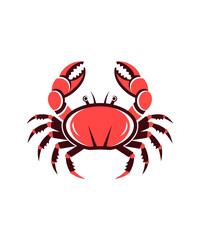 Stylized vector graphic illustration of a vibrant red and dark crab with prominent claws and legs