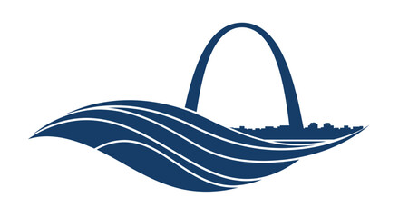 Gateway Arch and St. Louis Skyline Silhouette with Blue Waves - Graphic Design © nad