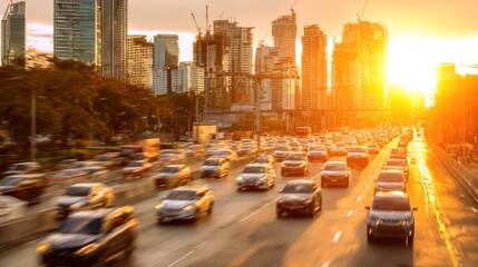 Obraz premium Urban highway traffic with skyscrapers at sunset golden hour