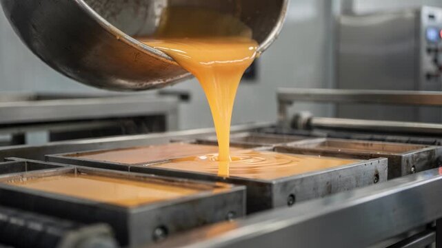 Medium shot of molten petroleum wax being poured into slab molds highlighting the fluid motion and industrial casting process in a clean factory environment.