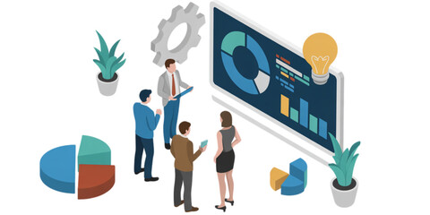 A group of business people analyzing data on a large screen with graphs and charts on transparent background