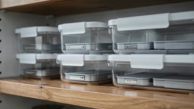 Medium shot focusing on smart food containers featuring RFID tags at the base emphasizing secure traceability and organized storage on a pantry shelf.