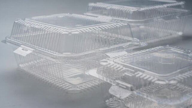Medium frame of vented thermoformed clamshell salad boxes focusing on heated plastic shaping and ventilation slots for breathable food packaging solutions.