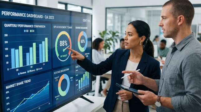 Business people analyzing dashboard for data analysis and business performance concepts.