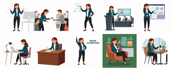Collection of Modern Flat Style Businesswoman Character in Various Situations