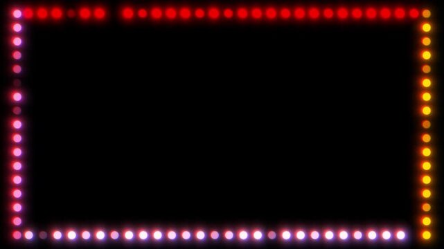 Cinematic neon border frame party lights animation effects, abstract glowing energy line led, sparkling flashing marquee effect on black background, professional motion graphics overlay. 4k video