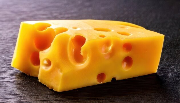 Two blocks of Swiss cheese with holes on dark surface.