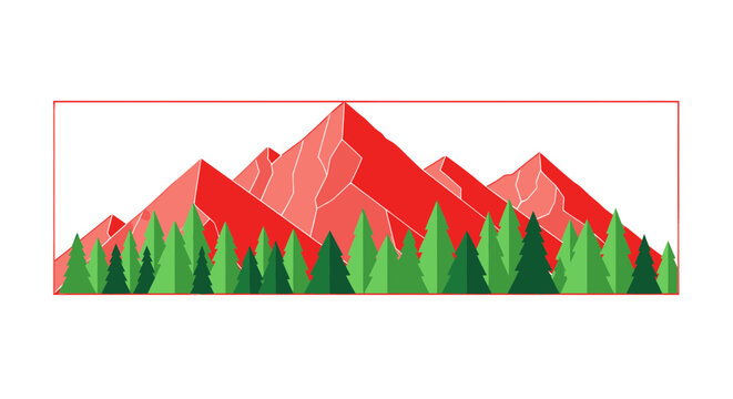 Vibrant Red Mountain Range Silhouette Over Green Pine Forest