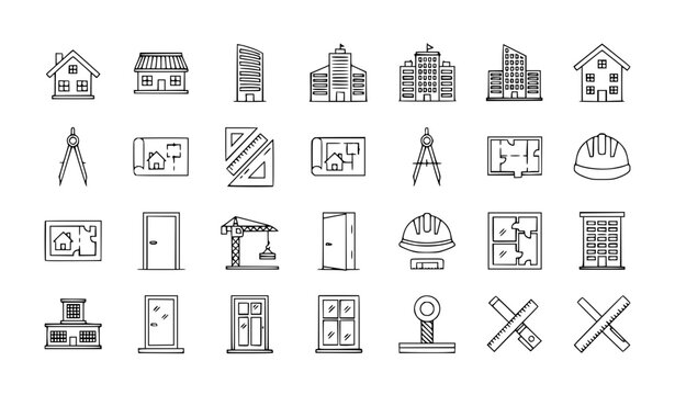 Building and architecture outline icon set with house construction and design linear symbols editable stroke