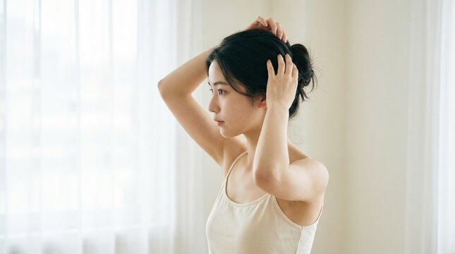 A young Asian woman in profile adjusts her dark hair into a bun against a bright, softly lit background with sheer curtains.