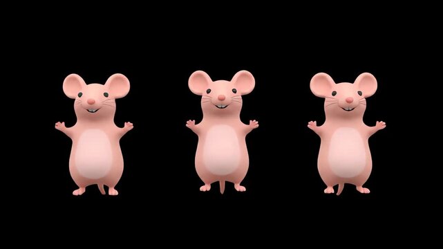 Cute 3d cartoon pink mice jumping on black background