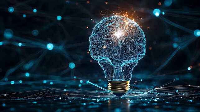 Digital brain shaped lightbulb glowing with idea concept and artificial intelligence inspiration.