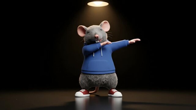 3d cartoon rat in blue hoodie doing dab dance under spotlight