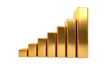 Golden bar graph showing financial growth and increasing investment profit on a transparent background