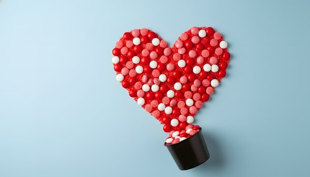 Heart shaped hot air balloon made of red and white pills on a blue background