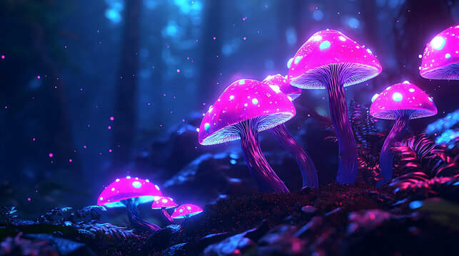 Enchanting bioluminescent mushrooms glowing in mystical forest landscape at night.