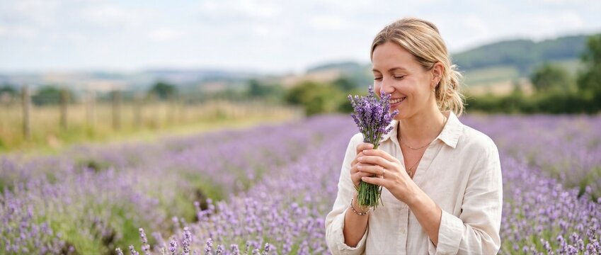 Smiling woman smells fresh lavender bouquet in warm lavender field. She enjoys calming aroma of flowers in blooming lavender field. Tranquil lavender field promotes wellness, relaxation concepts.