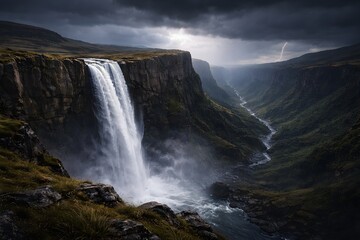 Fototapeta premium Gentle Waterfall Flowing Over Limestone Terrace In Ancient Forest