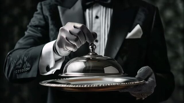 A silver tray with a lid is held by a butler wearing gloves and a tuxedo.