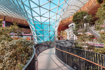 Naklejka premium 2 December 2025, Doha, Qatar: Walking bridge through indoor garden valley and modern architecture at Hamad Airport
