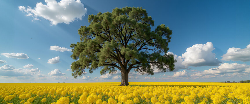 Majestic oak tree standing in vibrant yellow canola field under blue sky  