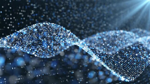 Abstract digital wave of blue particles and binary code numbers