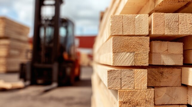 Stacked lumber close up with forklift in the background construction material