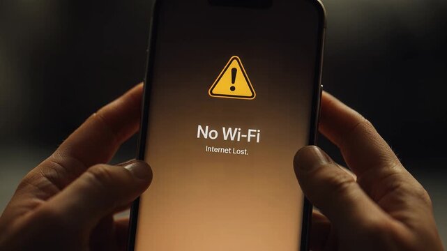 Close up of smartphone screen displaying internet lost no wi-fi warning