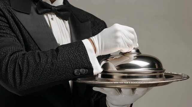 A silver tray with a lid is held by a butler wearing gloves and a tuxedo.