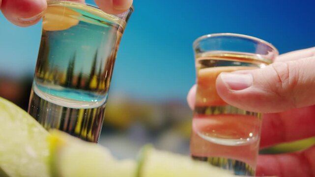 Mexican Tequila Mezcal pouring with lime and salt on a stone table. Strong vodka rum alcoholic drink is poured from a bottle into a shots.